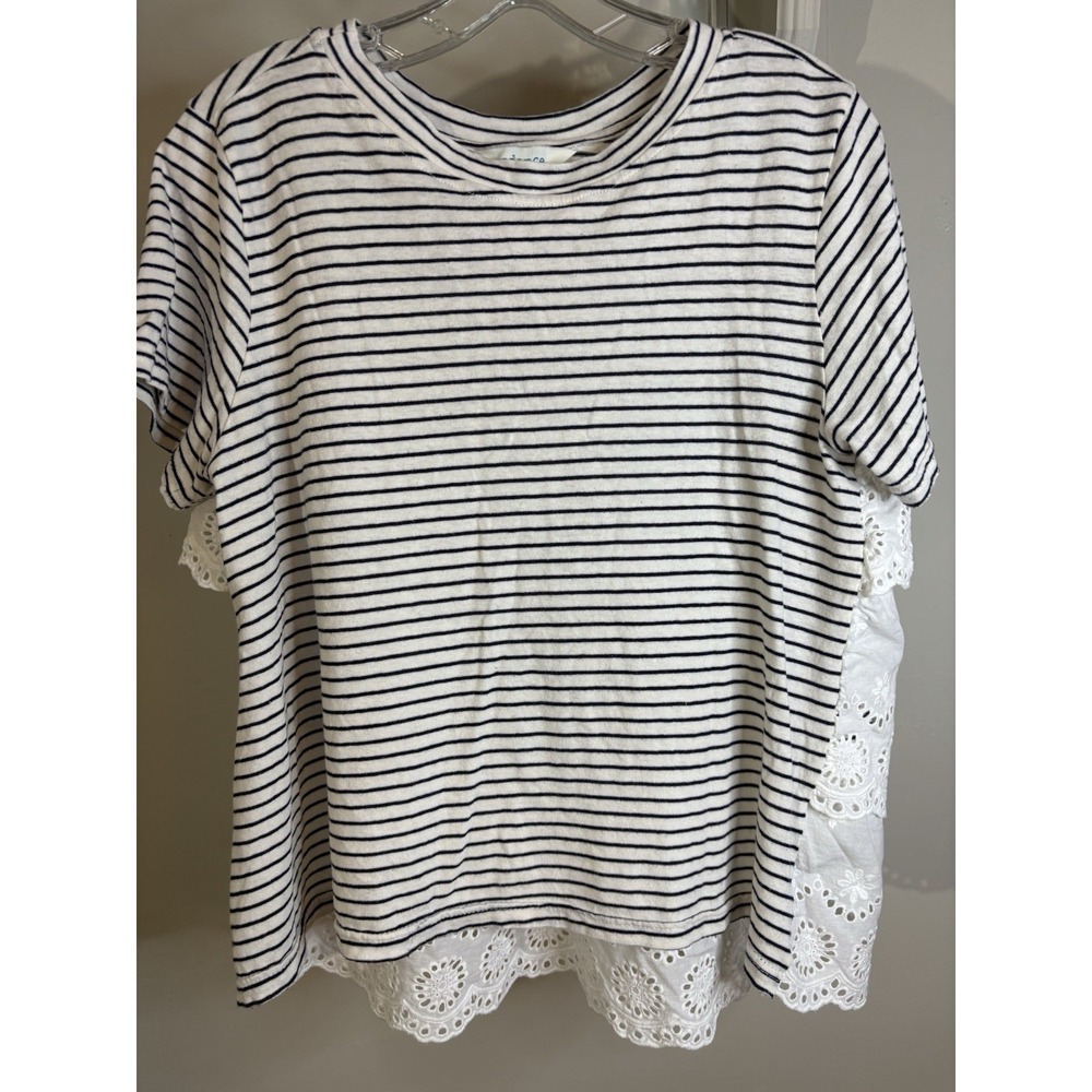 SUNDANCE Blue & White Striped‎ T Shirt Eyelet Ruffle Back L